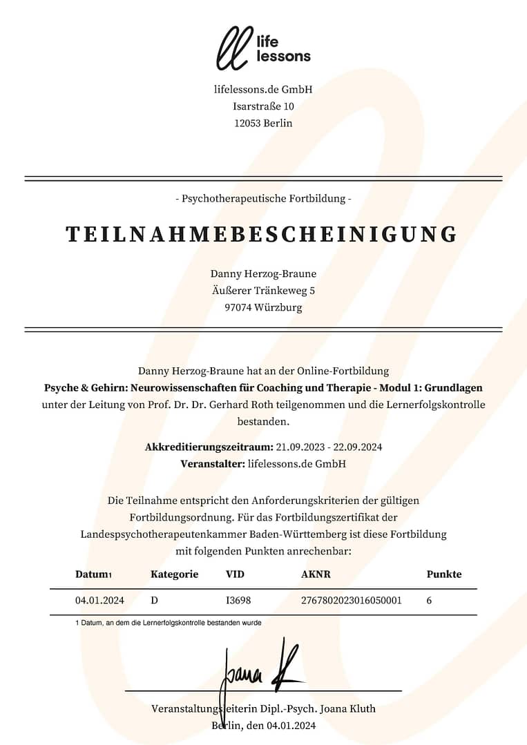 Danny Herzog-Braune hat an der Online-Fortbildung Psyche & Gehirn: Neurowissenschaften für Coaching und Therapie - Modul 1: Grundlagen unter der Leitung von Prof. Dr. Dr. Gerhard Roth teilgenommen und die Lernerfolgskontrolle bestanden.